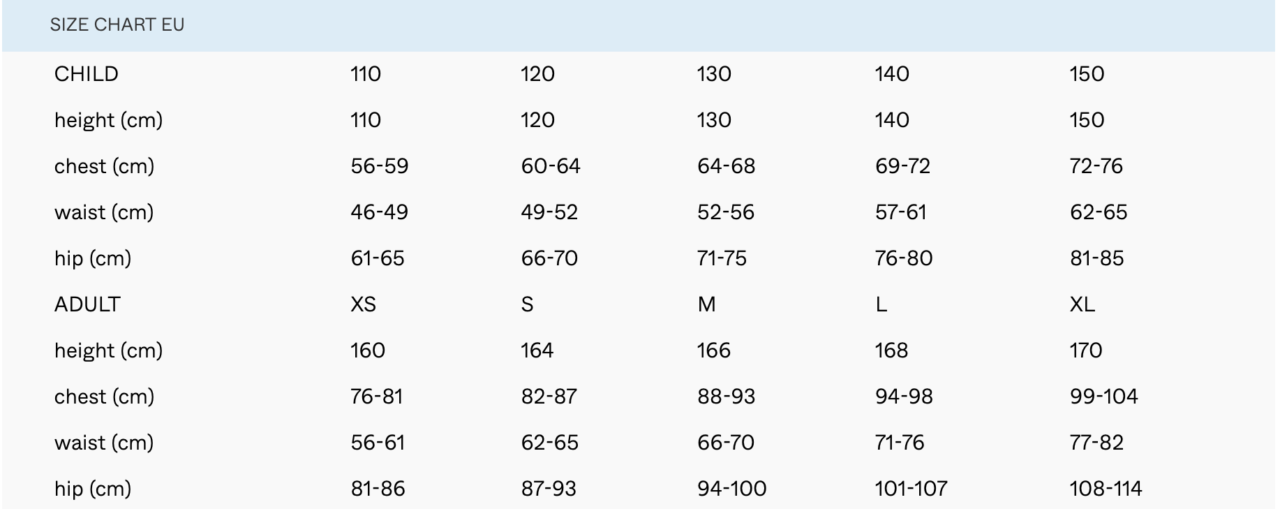 Size charts | The Skatewear Company